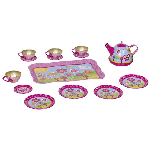 Buntes Goki Teeservice aus Blech mit Blumenmuster, nachhaltig, kindgerecht, giftfrei und sicher, säuglingstauglich, hohe.