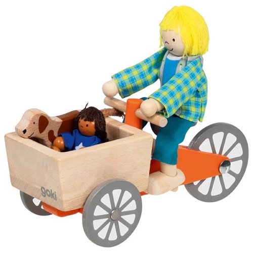 Nachhaltiges und kindgerechtes Holz-Lastenfahrrad mit 2 säuglingstauglichen, giftfreien Biegepuppen.