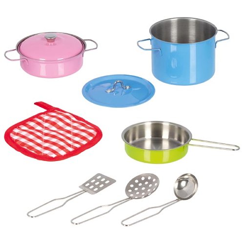 Farbenfrohes Kochset aus Metall mit Topf, Pfanne, Deckel und roten Topflappen, nachhaltig und giftfrei, kindgerecht und.