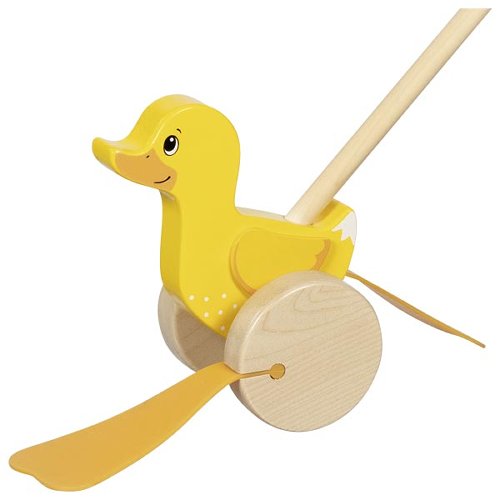 Nachhaltiges, kindgerechtes Goki Schiebetier Ente Ellie aus hellem Holz, säuglingstauglich und giftfrei mit sicherer Qualität.