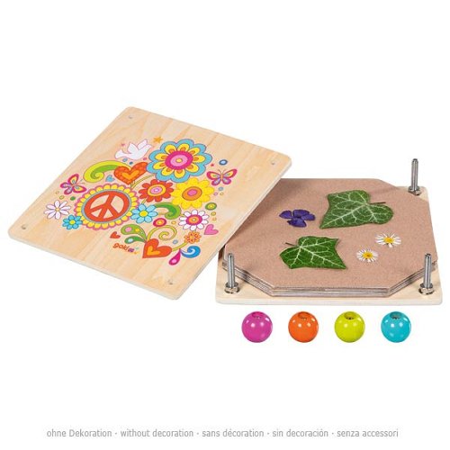 Nachhaltige, kindgerechte Blumenpresse aus Holz mit buntem, giftfreiem und sicherem Blumenmotiv, hochwertig verarbeitet.