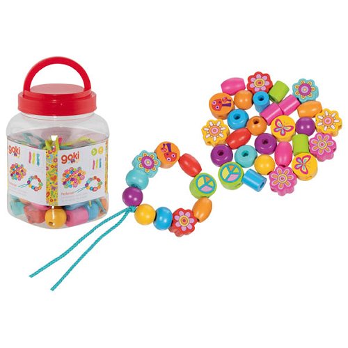Nachhaltiges, kindgerechtes Goki Perlenset Flower Power mit bunten Holzperlen in Blumen- und Friedenszeichen, giftfrei und.