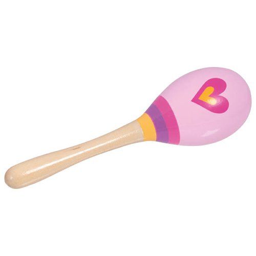 Nachhaltige, kindgerechte Maracas mit rosa Herzmotiv.