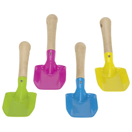Nachhaltige, kindgerechte Goki Handschaufel aus Holz mit bunten, giftfreien Schaufelköpfen in Grün, Pink, Blau und Gelb.