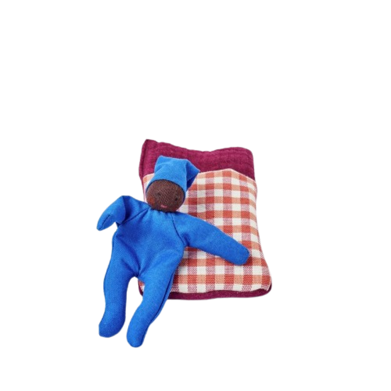 Nachhaltiges, kindgerechtes Baby mit blauem Strampler und giftfreiem, rotkariertem Schlafsack aus hochwertiger Qualität.