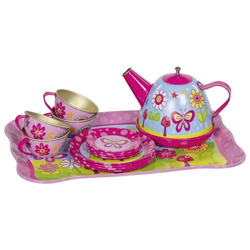 Buntes, nachhaltiges Goki Teeservice aus Blech mit kindgerechtem Blumenmuster, giftfrei und sicher, säuglingstauglich, hohe.