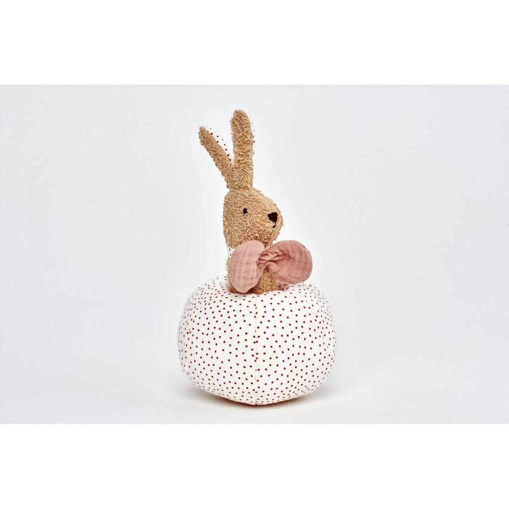 Nachhaltige, kindgerechte Hase-Rassel aus weichem, giftfreiem Material mit weißem, gepunktetem Ball, säuglingstauglich und.