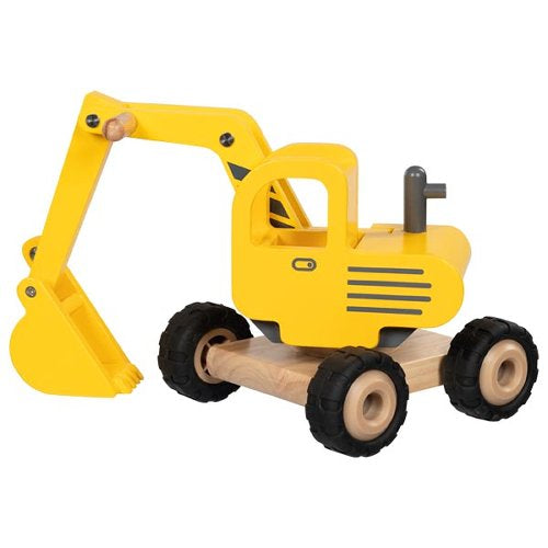 Nachhaltiger, kindgerechter gelber Holzbagger mit beweglicher Schaufel, säuglingstauglich und giftfrei, sicher und.