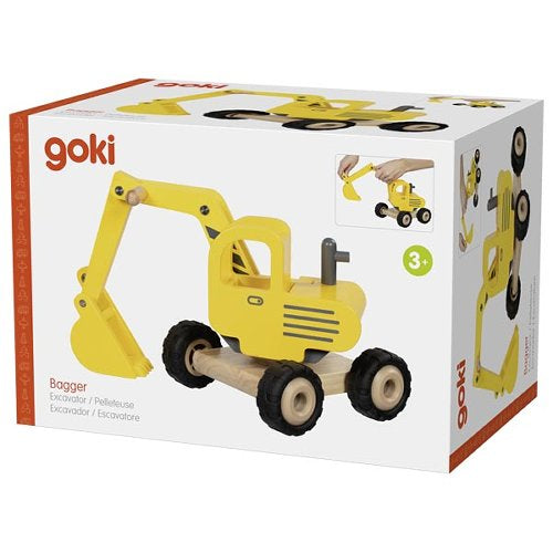 Nachhaltiger, giftfreier Goki Bagger aus Holz, kindgerecht, säuglingstauglich und sicher, hochwertige Qualität.