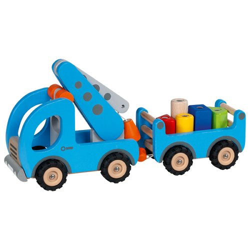 goki Kranwagen mit Anhänger – Robustes Holzspielzeug für Kinder