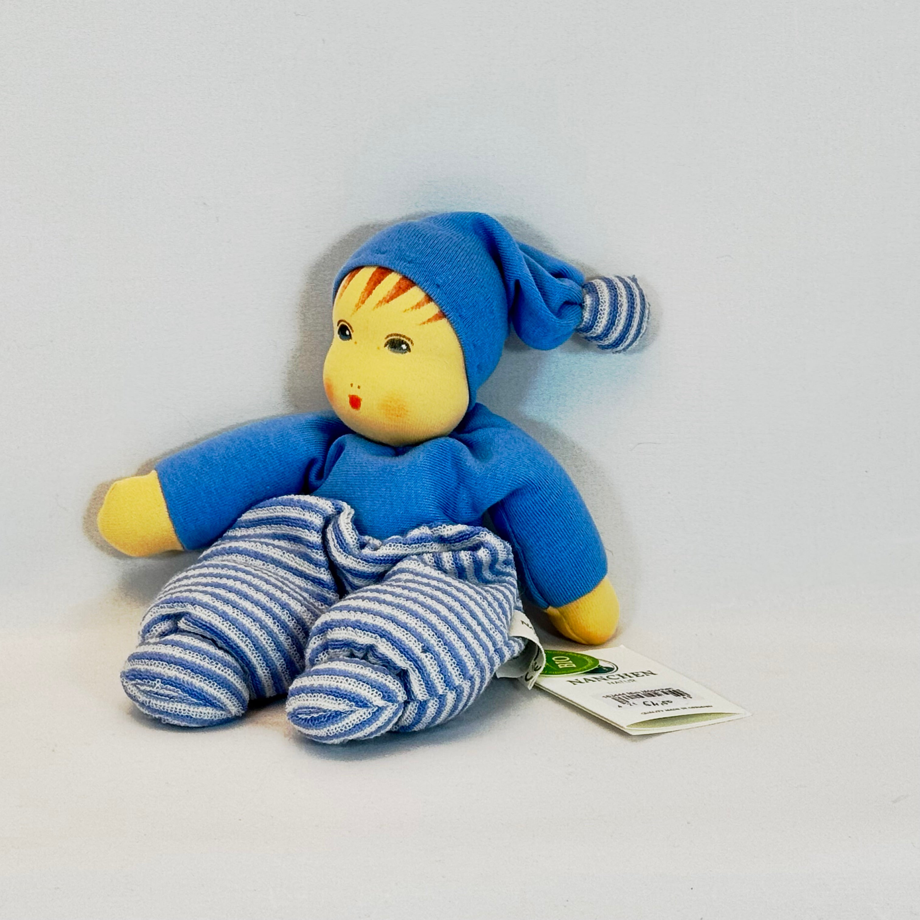 Nanchen Puppe Mini Möpschen blau Bio Kuschelpuppe für Kleinkinder