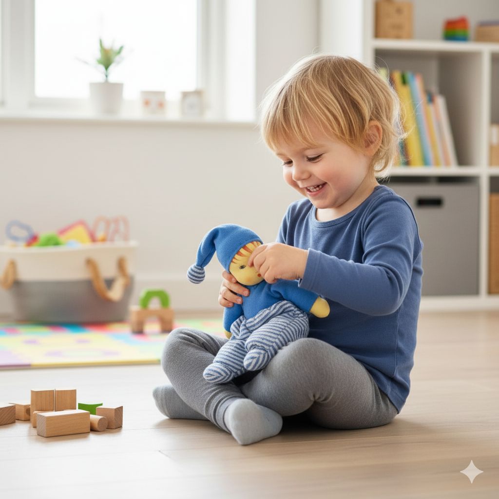 Nanchen Puppe Mini Möpschen blau Bio Kuschelpuppe für Kleinkinder